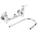 A T&S chrome wall mount faucet with gooseneck and two handles.