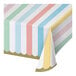 A white rectangular tablecloth with colorful pastel stripes and a blue border.