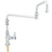 A chrome T&S deck-mount faucet with a single lever.