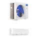 A white MRCOOL DIY 5th Gen ductless mini-split with blue and white components.