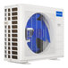 A white and blue MRCOOL ductless mini-split condenser with a blue fan.