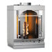 A white Wood Stone countertop rotisserie oven with a flame inside.