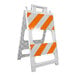 A white plastic Type II barricade with orange and white diagonal reflective stripes.