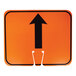 An orange rectangular traffic cone sign with a black upward arrow in the center.