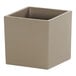 A taupe square resin crock with a lid.