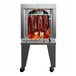A Wood Stone liquid propane vertical rotisserie oven with 6 spits cooking meat over a flame.