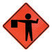 A red sign with a black silhouette of a person with arms extended holding a bag.