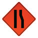 A white rectangular road sign with black and orange lines and a curved road symbol.