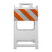A white plastic Type I barricade with orange and white diagonal reflective stripes on the top panel.