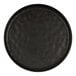 A close up of a Cal-Mil matte black melamine plate with a circular rim.
