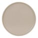 A round, taupe-colored melamine plate with a low rim.