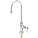 A chrome T&S deck-mount pantry faucet with a gooseneck spout and a blue handle.