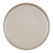 A round taupe melamine plate with a raised rim.