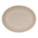 A matte taupe oval melamine platter with a white surface and round edge.