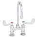 A T&S deck-mounted surgical sink faucet with two gooseneck spouts and wrist action handles.