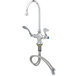 A T&S chrome deck-mounted pantry faucet with flex inlets and wrist action handles and a rigid gooseneck nozzle, with a hose attached.