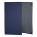 A blue linen menu cover with black album style corners.