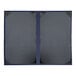 A blue rectangular menu cover with a grey border and black corners.