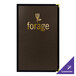 A brown linen menu cover with gold text on the front.