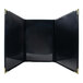 A black linen menu cover with gold corners and a white interior pocket.