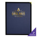 A blue H. Risch, Inc. custom menu cover with gold text on a table in a steakhouse.