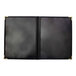 A black leather folder with a black border and interior pocket for H. Risch, Inc. menu covers.