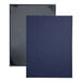 Two blue linen menu covers with black trim.
