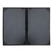 A grey rectangular menu cover with black album style corners.