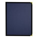 A blue fabric menu cover with black and gold accents.