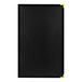 A black rectangular menu cover with gold corners and a black border.