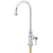 A silver T&S deck mount faucet with a blue knob.