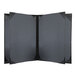 A grey rectangular H. Risch, Inc. menu cover with black album style corners holding two open black pages.