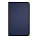 A blue rectangular linen menu cover with gold trim.