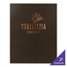 A brown H. Risch, Inc. linen menu cover with album style corners and gold text on it.