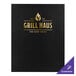 A black H. Risch, Inc. custom menu cover with gold text reading "Grill Haus" on a counter.