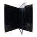 A black rectangular menu cover with gold corners and interior pocket.
