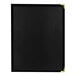 A black rectangular menu cover with a gold border.