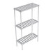 A white metal New Age keg rack with three shelves.