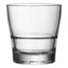 A clear, stackable 12 oz. rocks or double old fashioned glass.