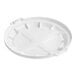 A white round commercial trash can lid designed for a 32-gallon container.