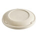 A compostable fiber lid designed to fit a 32 oz. wide take-out bowl.