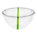 A clear plastic deli bowl with a green stripe.