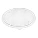 A clear, round compostable plastic lid designed to fit a 32 oz. wide fiber take-out bowl.
