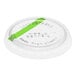 A clear plastic World Centric portion cup lid with a green stripe on top.