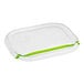 A clear plastic World Centric flat lid with a green stripe.