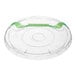 A clear compostable plastic cold cup lid with a green straw slot.
