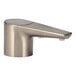 A close-up of a Bobrick brushed nickel deck-mount liquid soap dispenser.