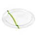 A clear compostable plastic lid with a green stripe, designed to fit 16-32 oz. fiber bowls and 42 oz. wide paper bowls.