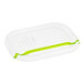 A clear plastic World Centric lid with green stripes.