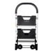 A folding aluminum 2-step ladder cart with wheels and a black handle.